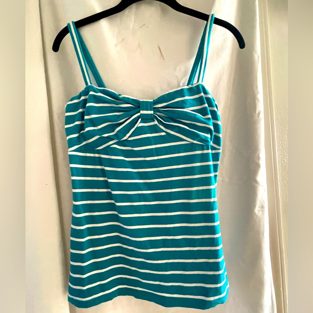 Forever 21 Teal Blue and White Stripe Cami Tank Top w Bow Size L Good Condition